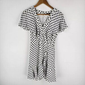 Portmans Dress Womens Size 12 White Black Polka Dot Short Sleeve Frill No Belt